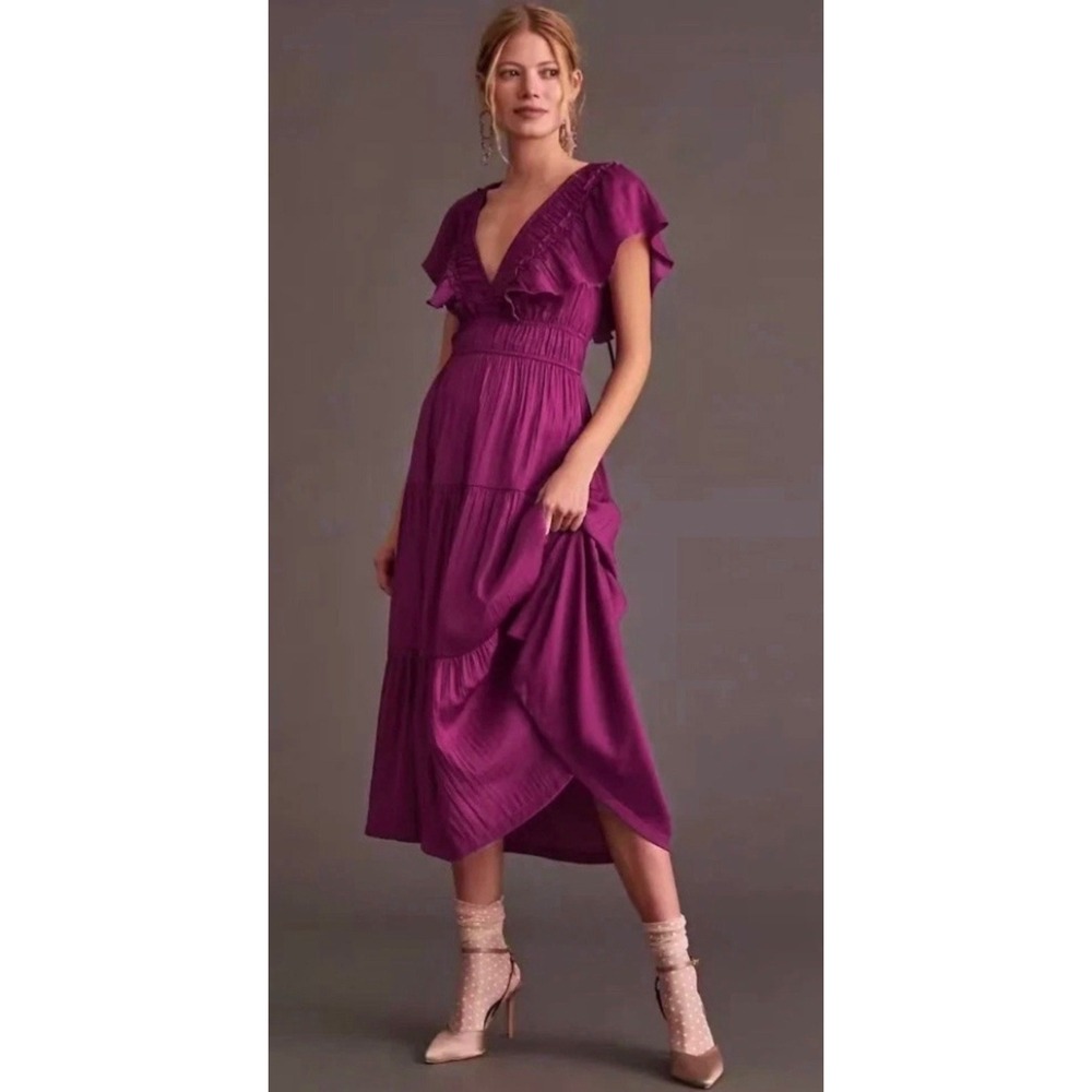 Anthropologie Plisse Maxi Dress XS Magenta Purple Ruffle Tiered Boho Resort Wear